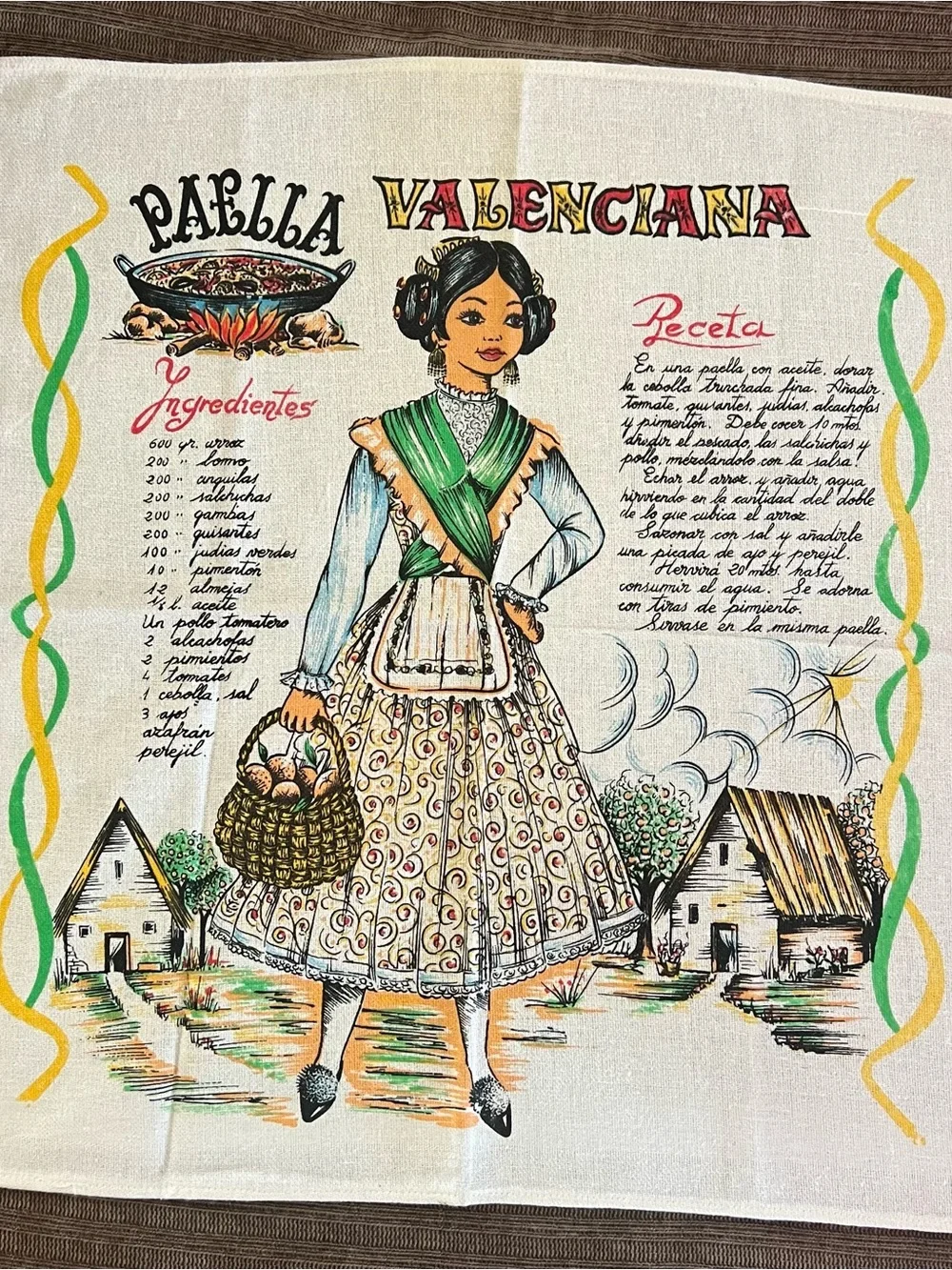 Vintage Paella Valenciana Tea Towel Souvenir Spain Recipe Spanish Woman Folk Art